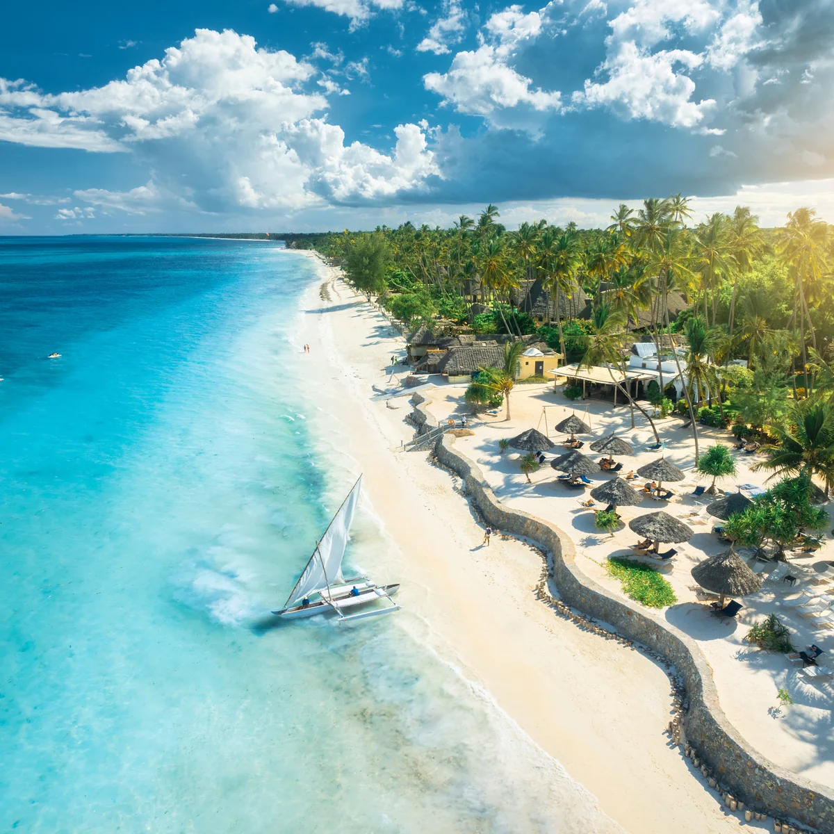 Aerial view of a dhow on the Zanzibar coast