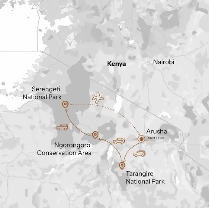Route map, Arusha › Tarangire › Ngorongoro › Serengeti